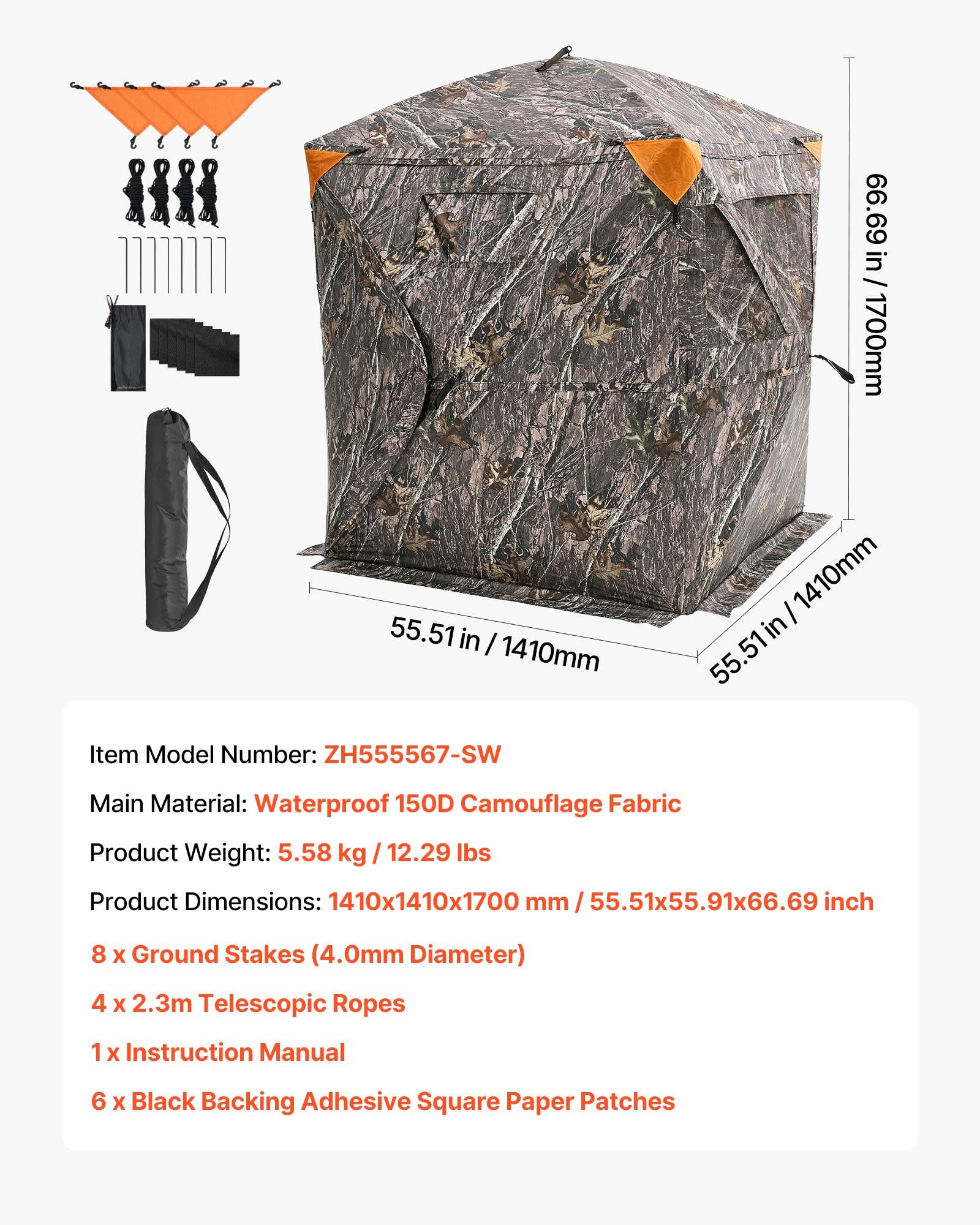 VEVOR Tienda de Caza Portátil Visión de 270° Puesto de Caza Plegable para 1 o 2 Personas con Bolsa de Transporte Tienda de Camuflaje Resistente con 3 Ventanas Horizontales, 1410 x 1410 x 1700 mm