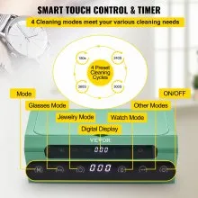 VEVOR Limpiador ultrasónico de joyas, 45 kHz 500 ML, limpiador ultrasónico profesional con control táctil, temporizador digital, cesta de limpieza, máquina de limpieza por ultrasonidos de acero inoxidable para relojes, gafas, verde