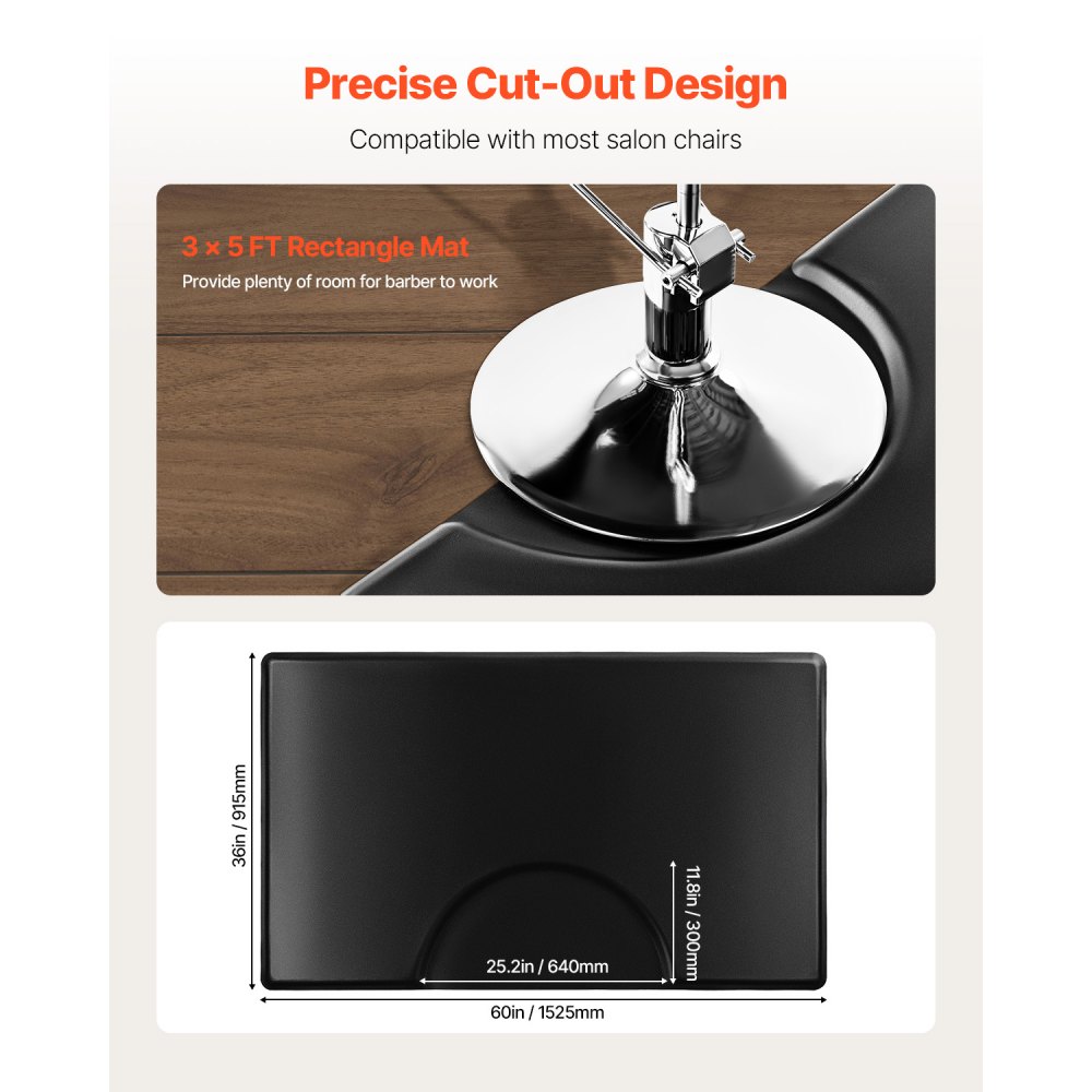 Tapete de peluquería VEVOR para estilistas, 90 x 150 cm, rectangular, antifatiga, de PVC y PU de 2,2 cm de grosor, con abertura redonda, bordes biselados antideslizantes y base antideslizante.