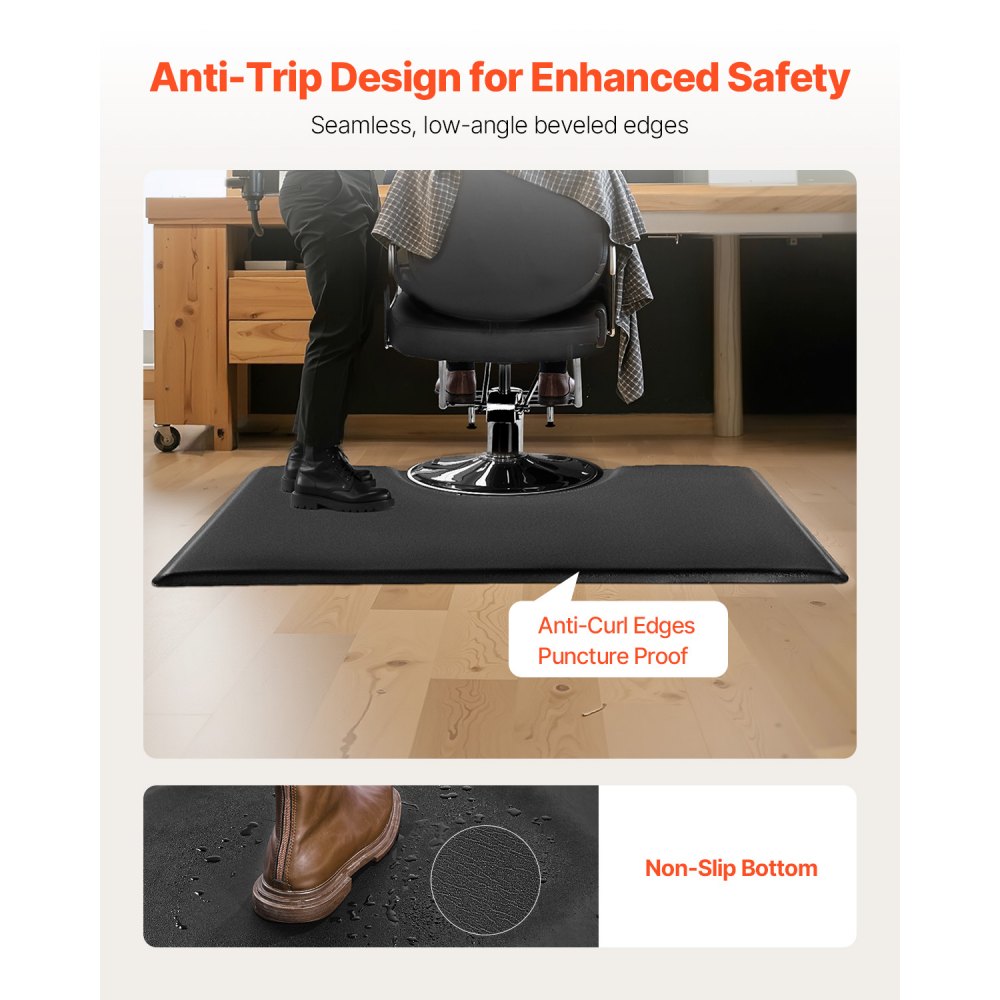 Tapete de peluquería VEVOR para estilistas, 90 x 150 cm, rectangular, antifatiga, de PVC y PU de 2,2 cm de grosor, con abertura redonda, bordes biselados antideslizantes y base antideslizante.