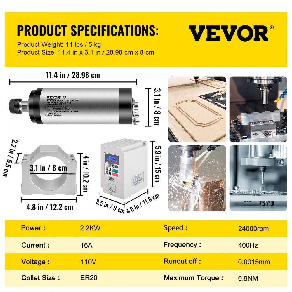 VEVOR VFD CNC Spindle Motor Kits 110V CNC Spindle Motor Kits 2.2KW Motor de husillo refrigerado por agua 400HZ 24000RPM VFD 3HP Bomba de agua 110V 80W Montaje de abrazadera de motor 80mm Tubería de agua 5m para máquina de grabado CNC