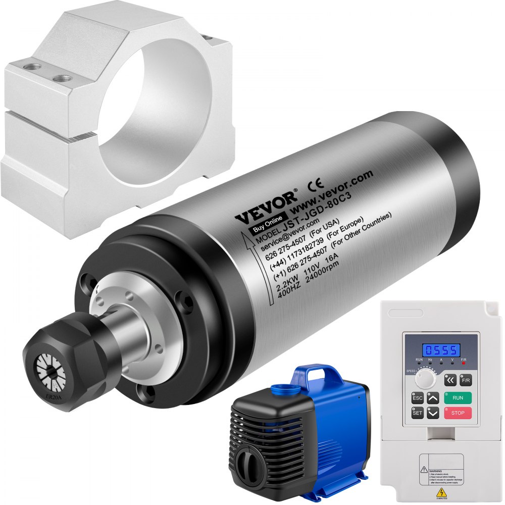VEVOR VFD CNC Spindle Motor Kits 110V CNC Spindle Motor Kits 2.2KW Motor de husillo refrigerado por agua 400HZ 24000RPM VFD 3HP Bomba de agua 110V 80W Montaje de abrazadera de motor 80mm Tubería de agua 5m para máquina de grabado CNC