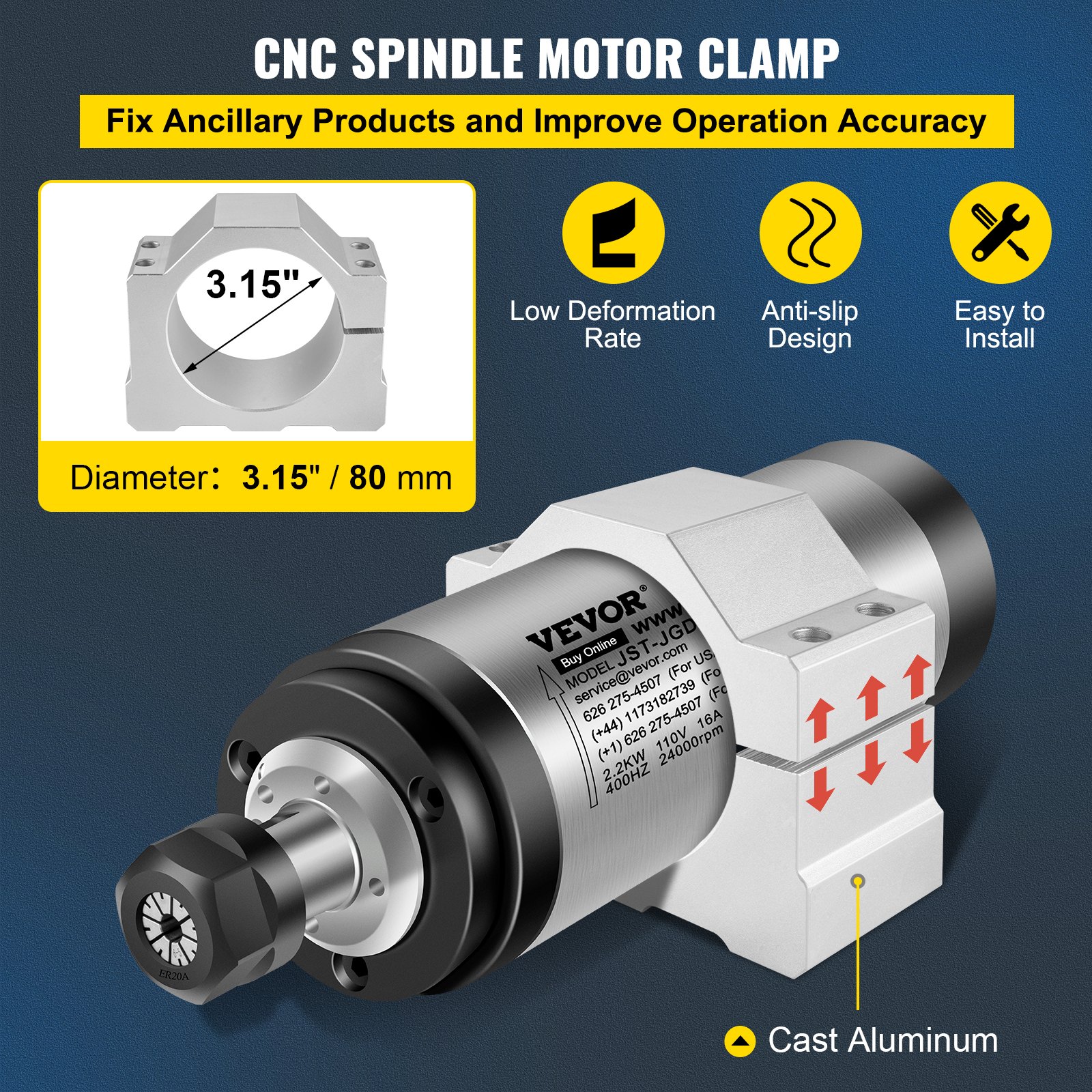 VEVOR VFD CNC Spindle Motor Kits 110V CNC Spindle Motor Kits 2.2KW Motor de husillo refrigerado por agua 400HZ 24000RPM VFD 3HP Bomba de agua 110V 80W Montaje de abrazadera de motor 80mm Tubería de agua 5m para máquina de grabado CNC