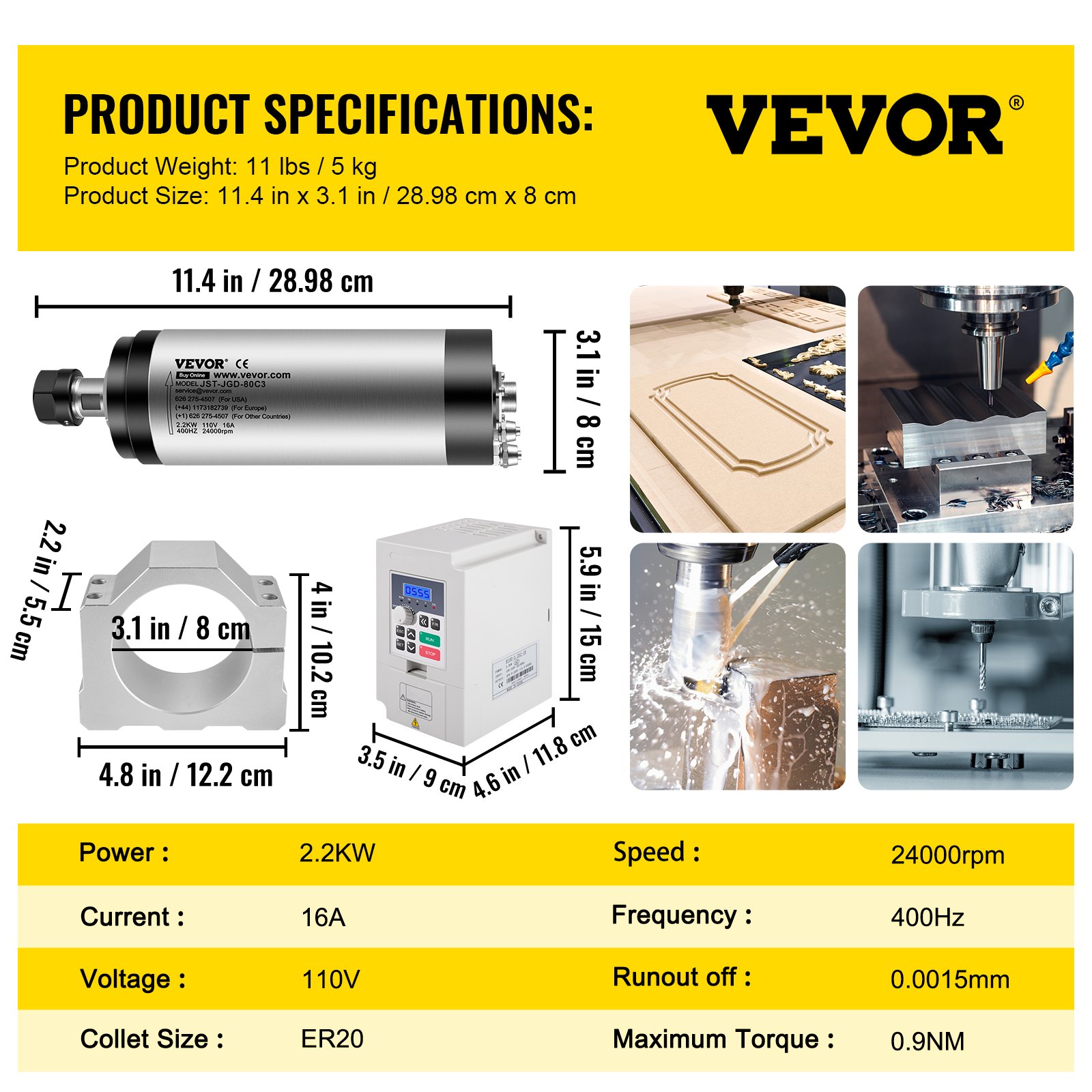VEVOR VFD CNC Spindle Motor Kits 110V CNC Spindle Motor Kits 2.2KW Motor de husillo refrigerado por agua 400HZ 24000RPM VFD 3HP Bomba de agua 110V 80W Montaje de abrazadera de motor 80mm Tubería de agua 5m para máquina de grabado CNC