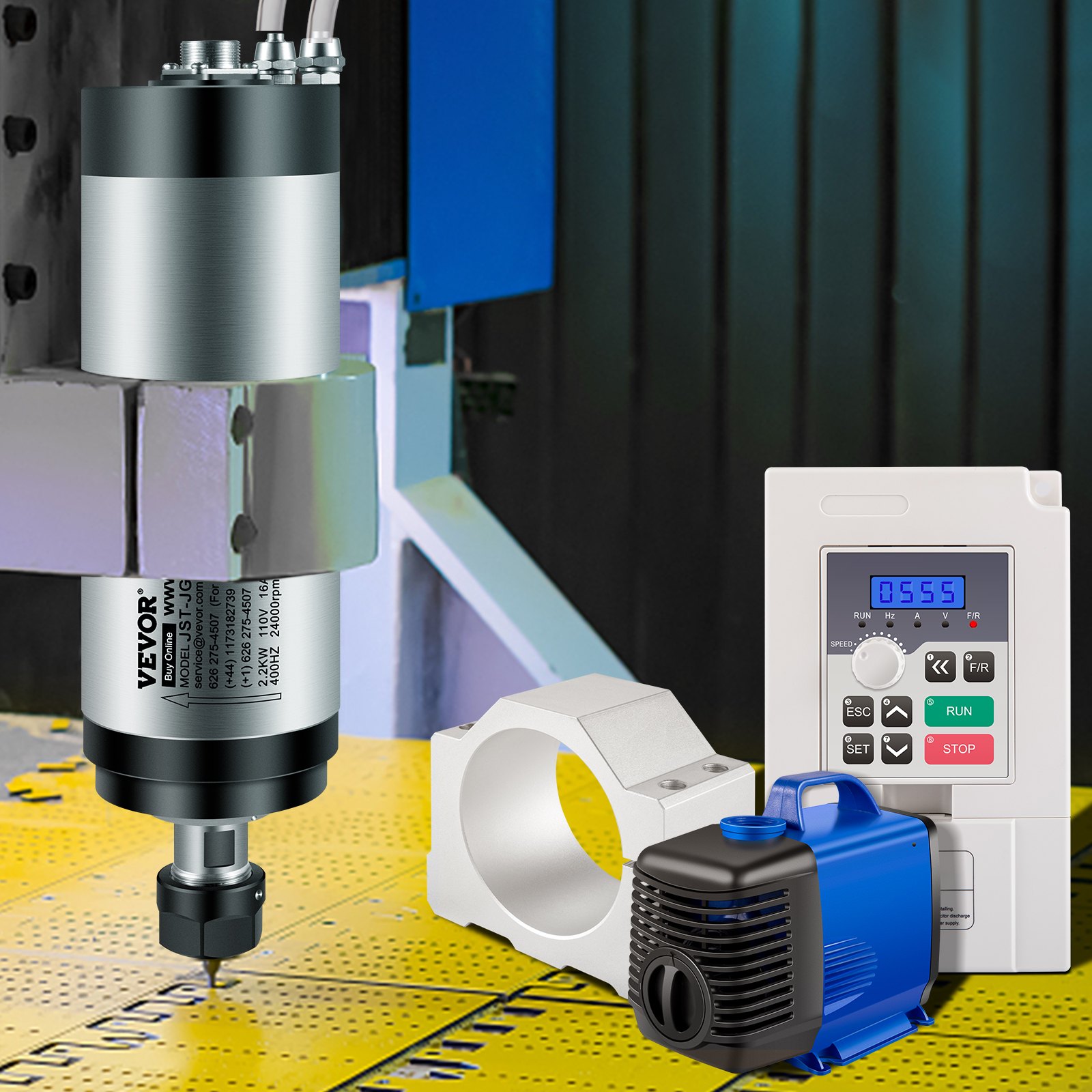 VEVOR VFD CNC Spindle Motor Kits 110V CNC Spindle Motor Kits 2.2KW Motor de husillo refrigerado por agua 400HZ 24000RPM VFD 3HP Bomba de agua 110V 80W Montaje de abrazadera de motor 80mm Tubería de agua 5m para máquina de grabado CNC
