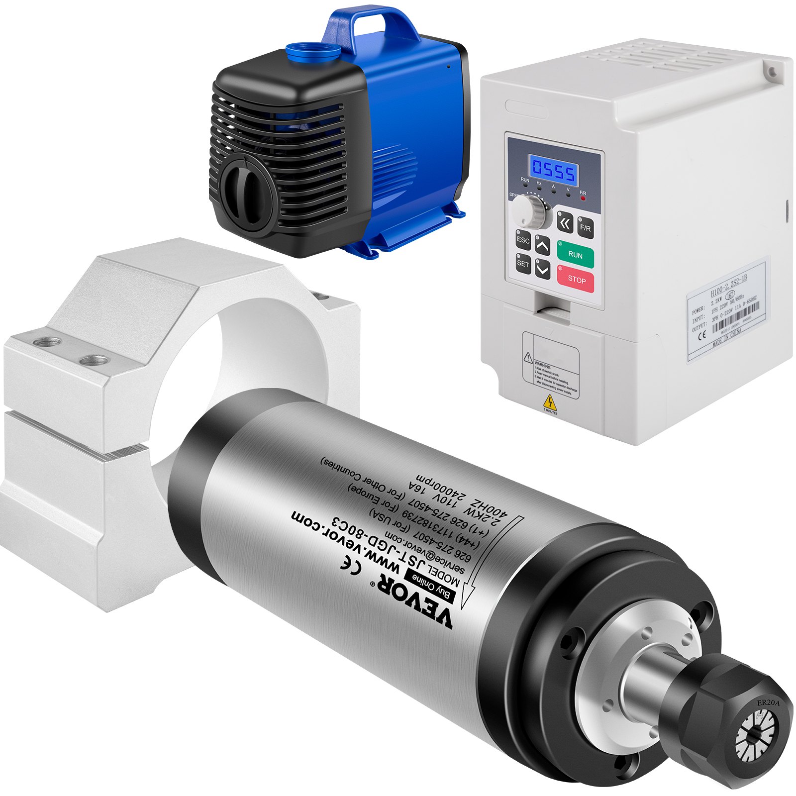 VEVOR VFD CNC Spindle Motor Kits 110V CNC Spindle Motor Kits 2.2KW Motor de husillo refrigerado por agua 400HZ 24000RPM VFD 3HP Bomba de agua 110V 80W Montaje de abrazadera de motor 80mm Tubería de agua 5m para máquina de grabado CNC