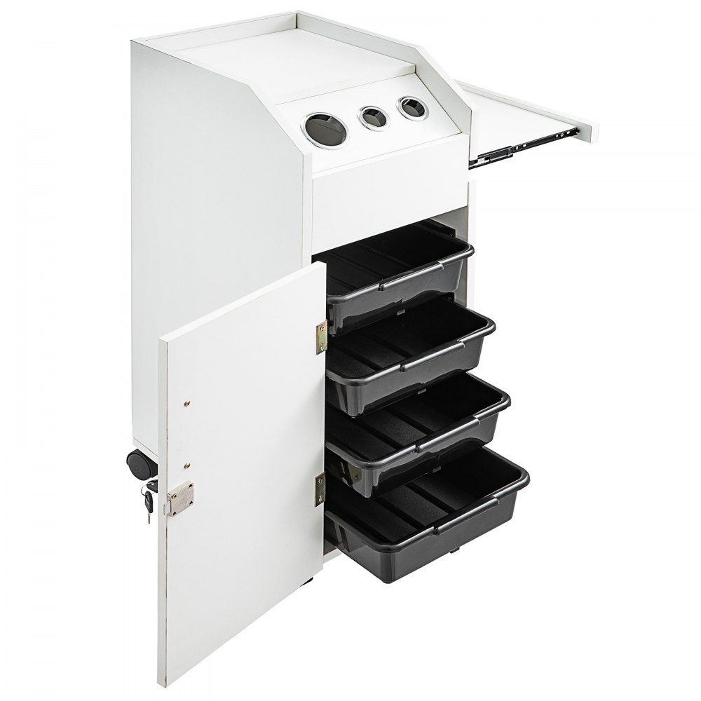 VEVOR Carrito de Peluquería y Belleza para Salón de Belleza, Color Blanco, con 4 Cajones, Ruedas Giratorias, Cerradura, 2 Llaves y Soporte para Secador de Pelo, Bandeja Lateral, 32 x 42 x 86 cm