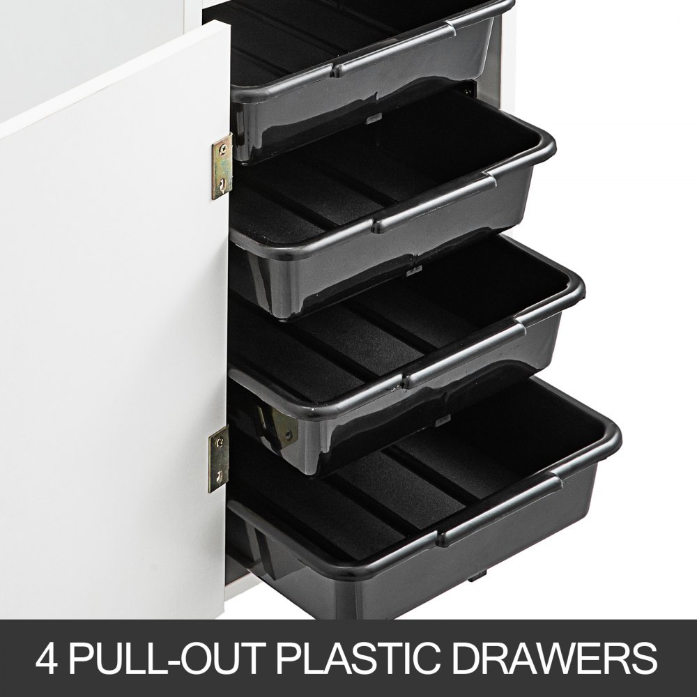 VEVOR Carrito de Peluquería y Belleza para Salón de Belleza, Color Blanco, con 4 Cajones, Ruedas Giratorias, Cerradura, 2 Llaves y Soporte para Secador de Pelo, Bandeja Lateral, 32 x 42 x 86 cm
