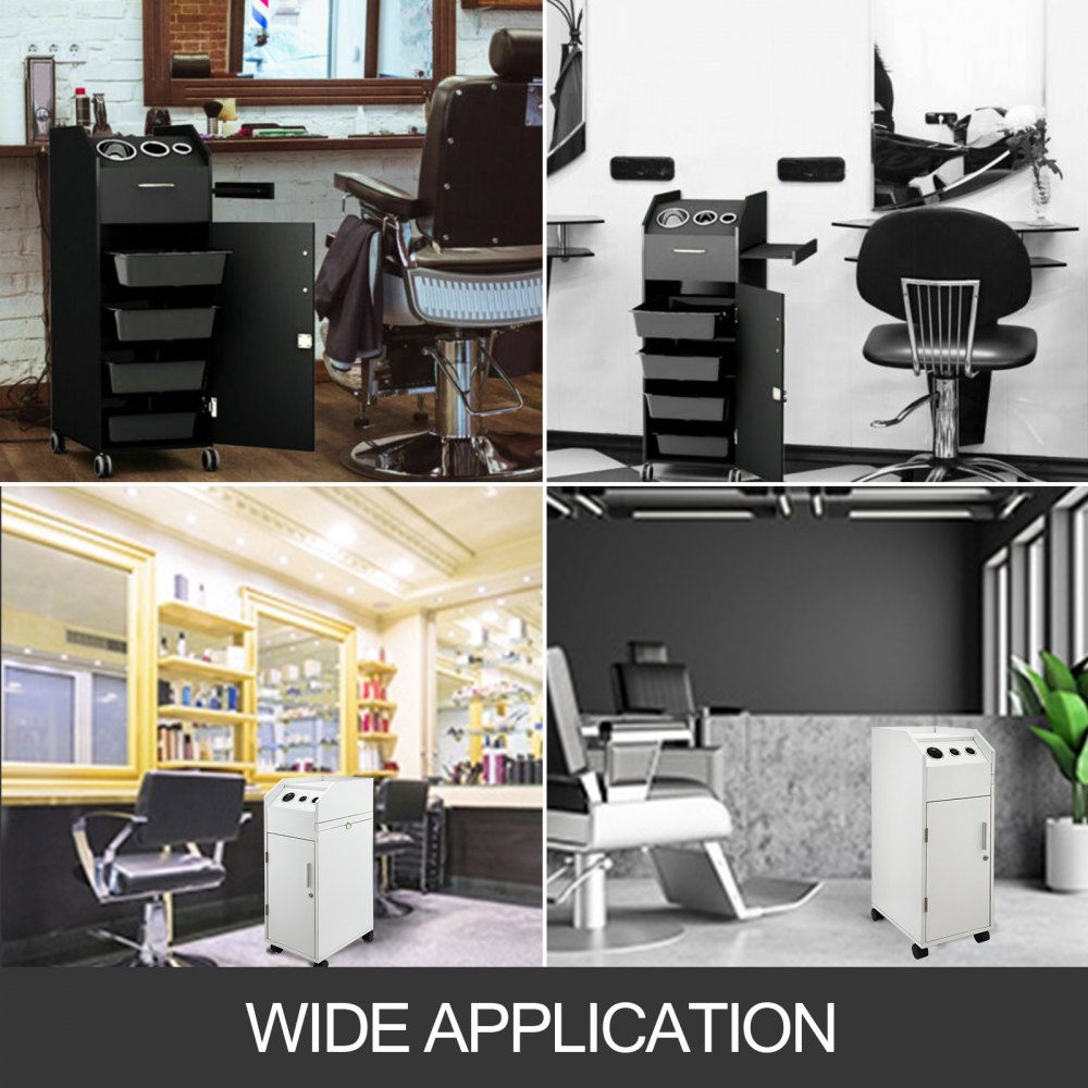 VEVOR Carrito de Peluquería y Belleza para Salón de Belleza, Color Blanco, con 4 Cajones, Ruedas Giratorias, Cerradura, 2 Llaves y Soporte para Secador de Pelo, Bandeja Lateral, 32 x 42 x 86 cm