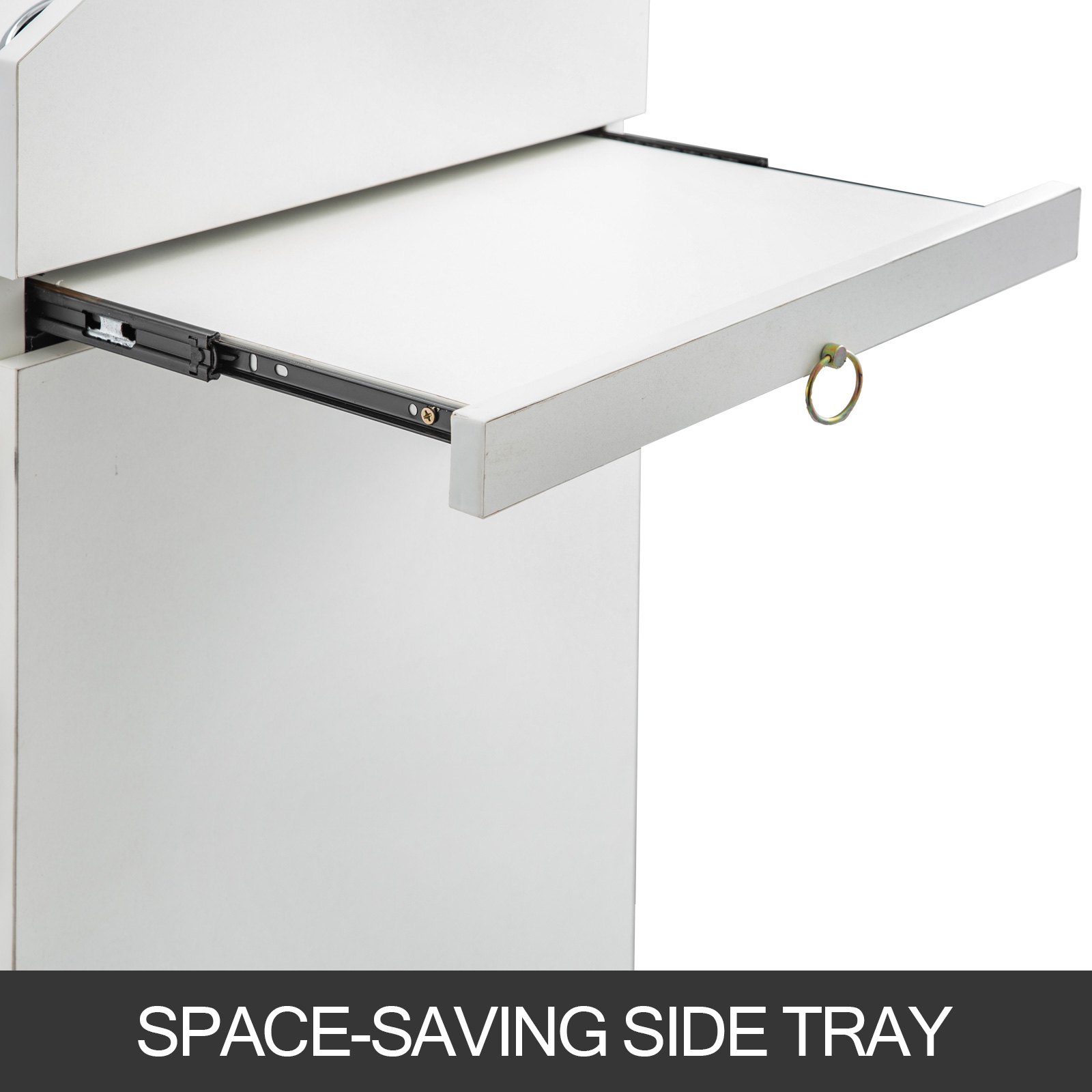 VEVOR Carrito de Peluquería y Belleza para Salón de Belleza, Color Blanco, con 4 Cajones, Ruedas Giratorias, Cerradura, 2 Llaves y Soporte para Secador de Pelo, Bandeja Lateral, 32 x 42 x 86 cm