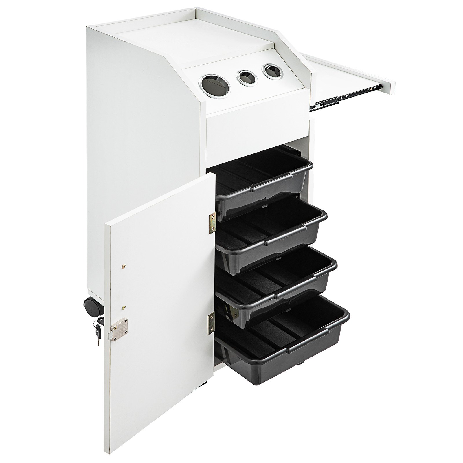 VEVOR Carrito de Peluquería y Belleza para Salón de Belleza, Color Blanco, con 4 Cajones, Ruedas Giratorias, Cerradura, 2 Llaves y Soporte para Secador de Pelo, Bandeja Lateral, 32 x 42 x 86 cm
