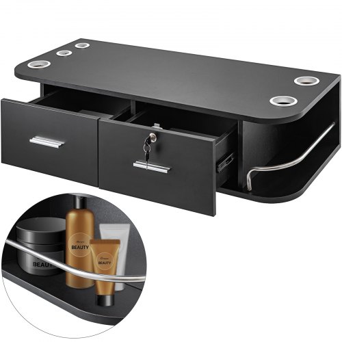 VEVOR Black Wall Mount Styling Station Bloqueo clásico 2 cajones Almacenamiento Equipo de salón de belleza 5 Agujeros para secador de pelo Gabinete de bloqueo para salón de belleza o SPA, barbería, hogar y baño