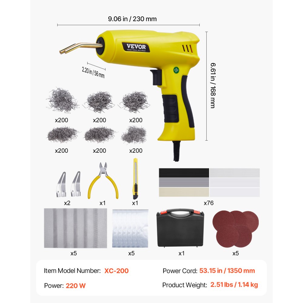 Kit de soldadura de plástico VEVOR, pistola de soldar de 220 W con 1200 grapas calientes y 76 varillas de soldadura, pistola de soldar profesional con luz LED y estuche para kayak, juguetes y reparación de parachoques.