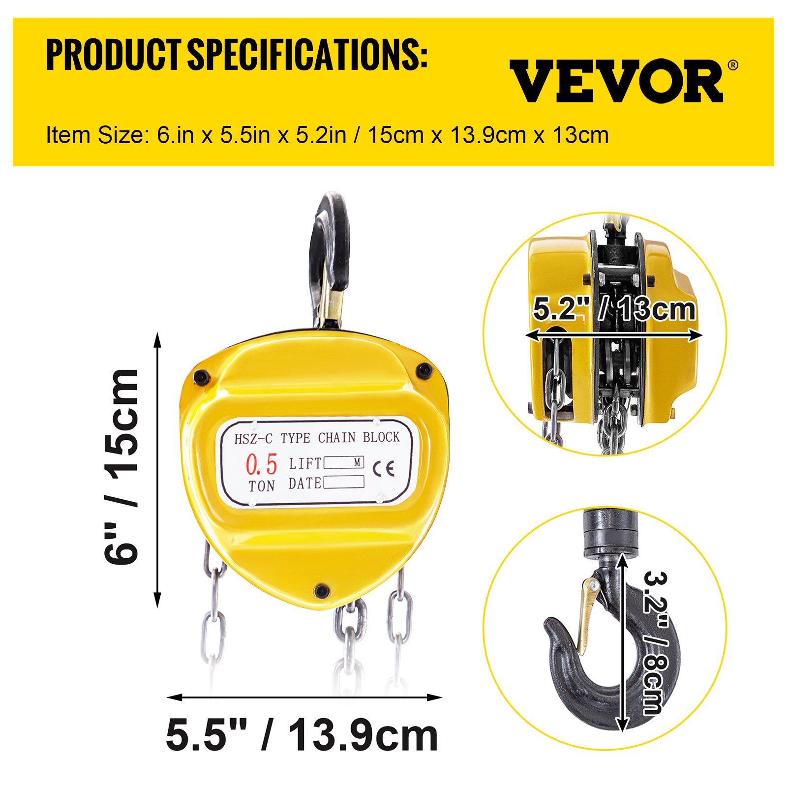 Polipasto de cadena VEVOR amarillo tipo hsz-c que muestra las medidas: 6&quot; x 5,5&quot; x 5,2&quot;.