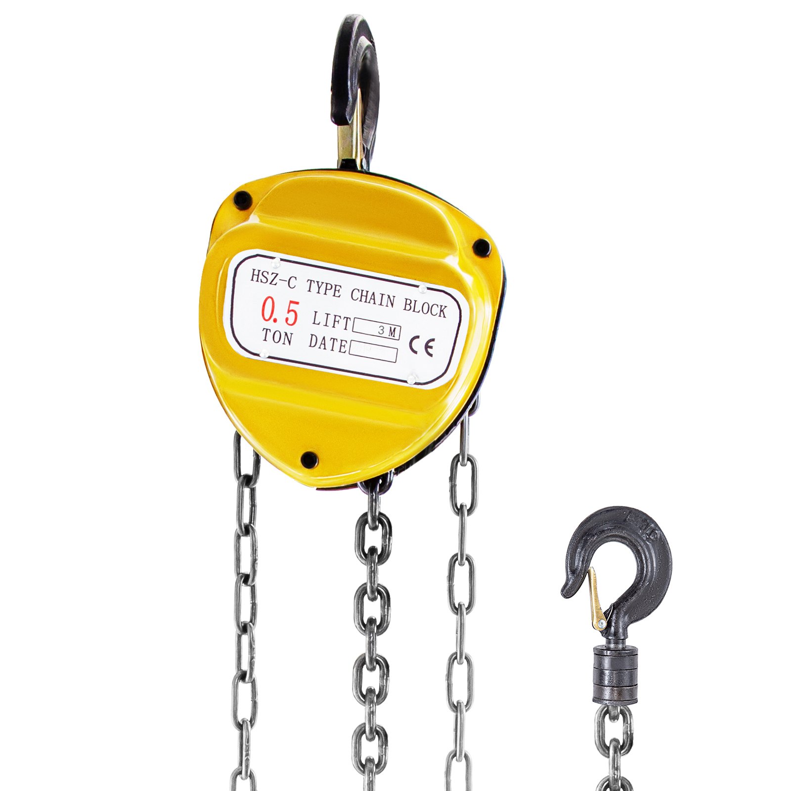 Polipasto de cadena VEVOR amarillo con capacidad de 0,5 toneladas y elevación de 3 m.