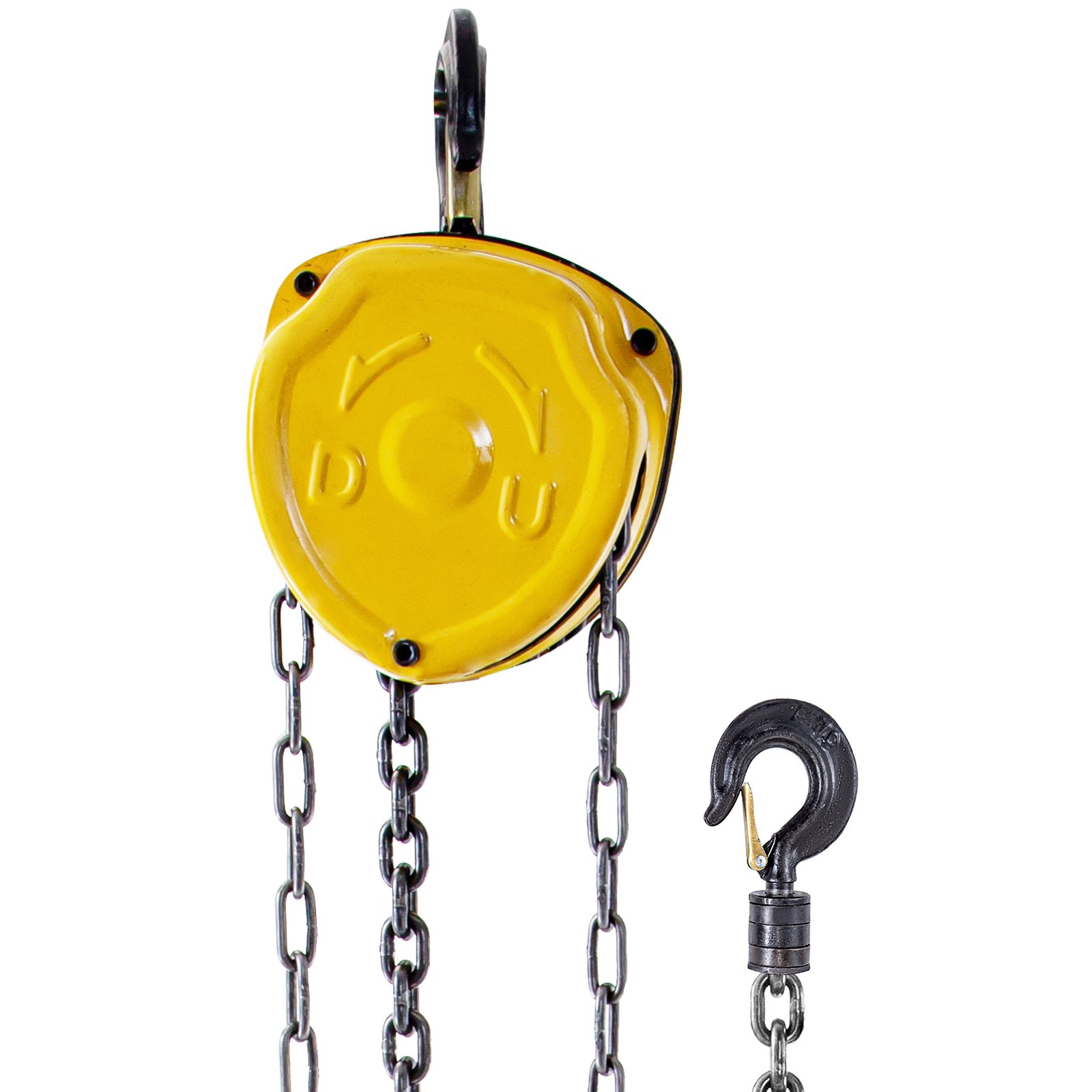 Polipasto de cadena VEVOR amarillo con cadenas metálicas y gancho negro.