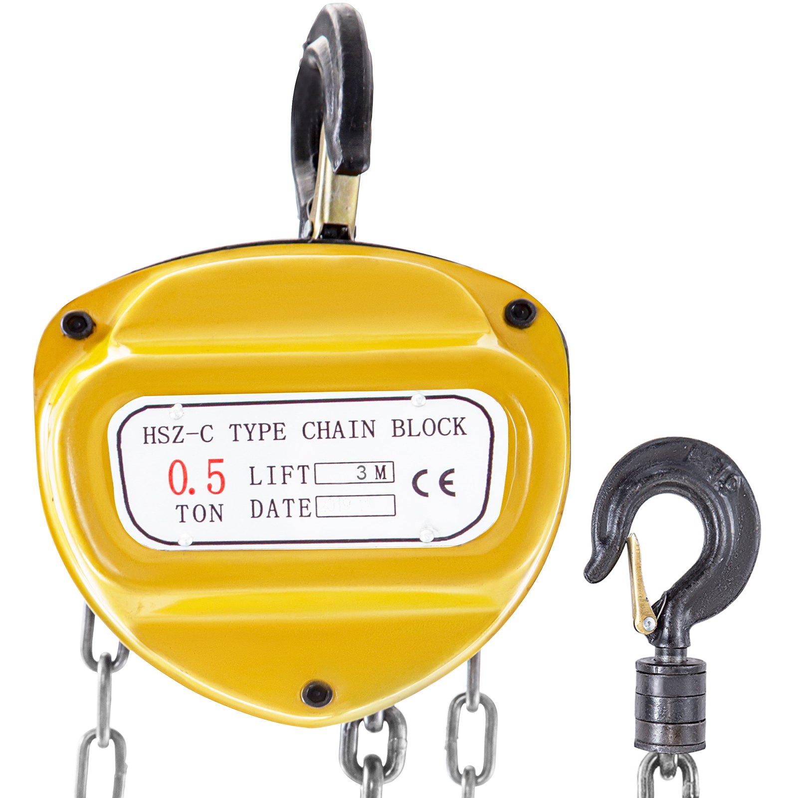 Polipasto de cadena VEVOR amarillo con capacidad de elevación de 0,5 toneladas y gancho negro.