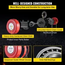 Polipasto de cadena manual VEVOR, bloque de cadena de capacidad de 4400 lbs / 2 toneladas, bloque de cadena manual de elevación de 8 pies / 2,5 m, polipasto manual con construcción de acero de grado industrial para levantar bien en transporte y taller, rojo