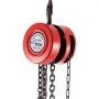 Polipasto de cadena manual VEVOR rojo con capacidad de 1 tonelada y cadenas negras colgando debajo.