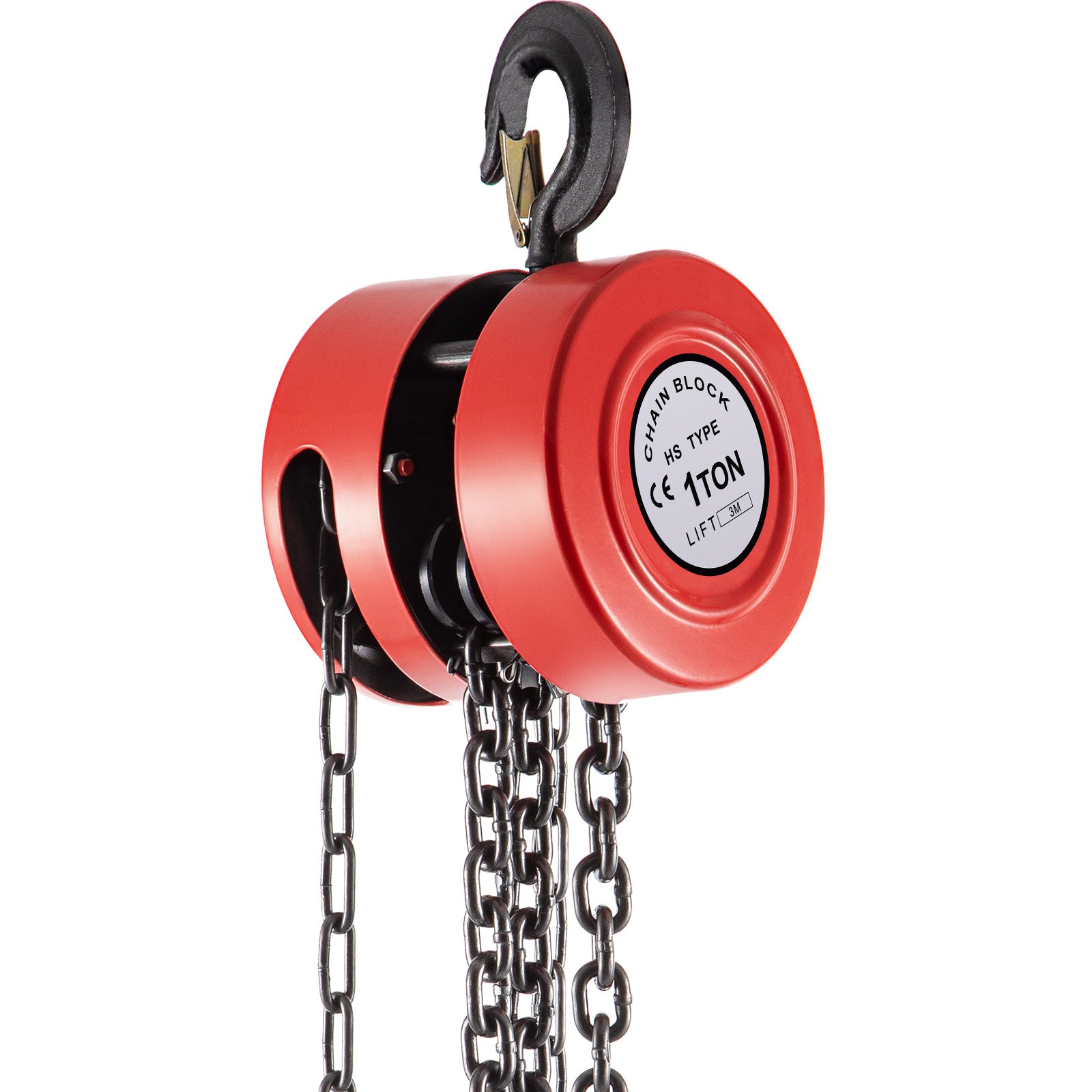 Polipasto de cadena manual VEVOR rojo con cadenas negras, capacidad nominal de 1 tonelada, vista de primer plano.