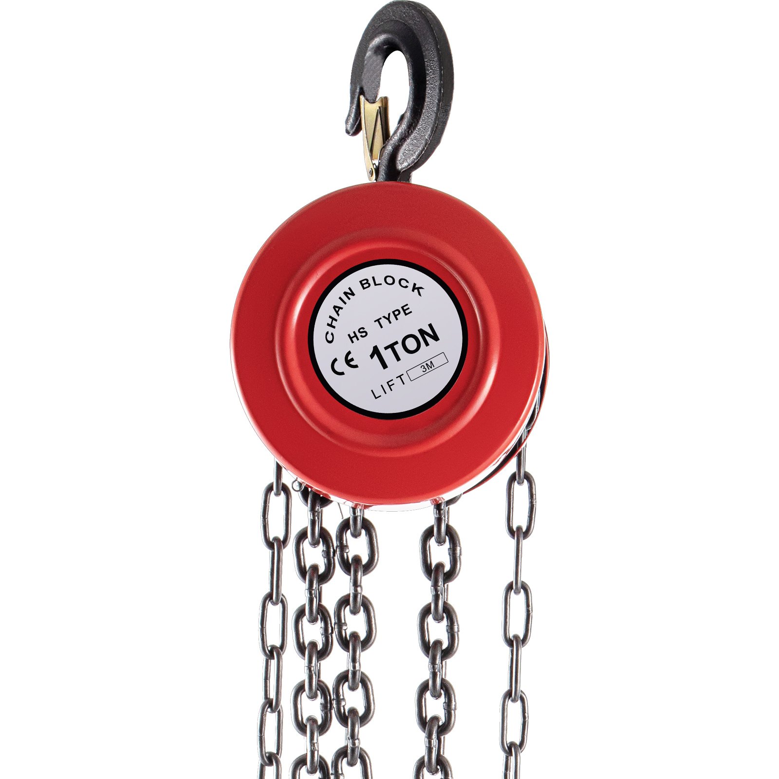 Polipasto de cadena manual VEVOR rojo, capacidad de 1 tonelada con cadenas y gancho negros.