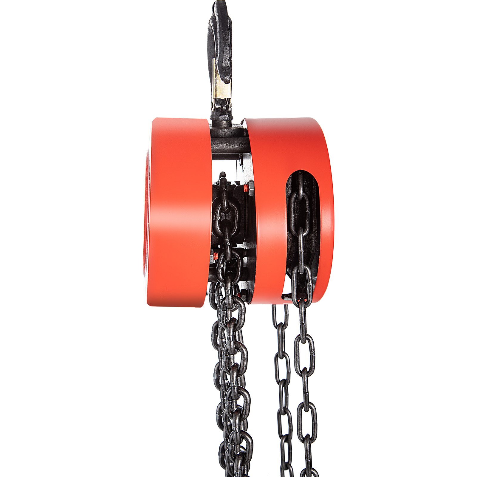 Polipasto de cadena manual VEVOR rojo y negro con cadenas resistentes y gancho superior.
