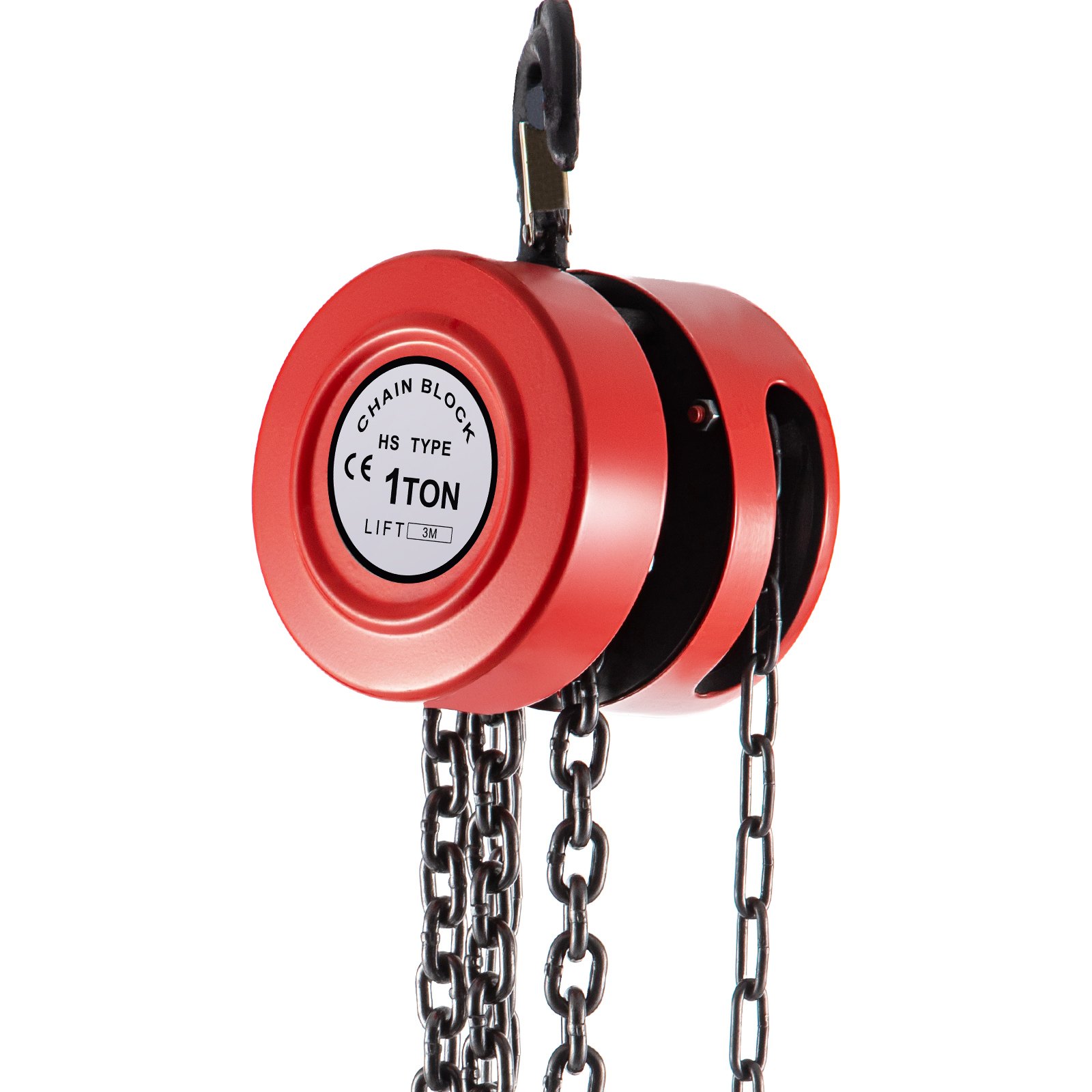 Polipasto de cadena manual VEVOR rojo con capacidad de 1 tonelada y cadenas negras colgando debajo.