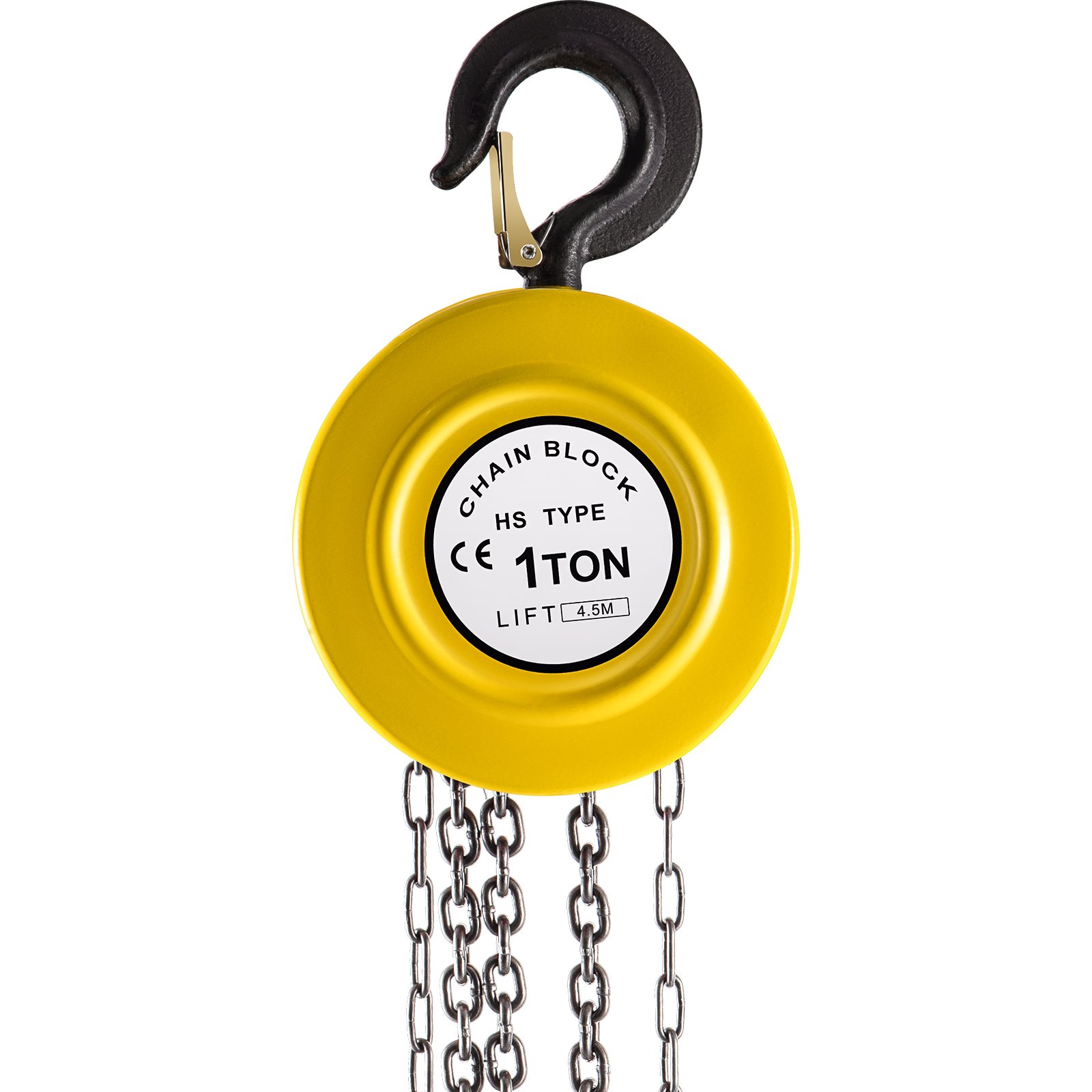 Polipasto de cadena manual VEVOR amarillo con capacidad de 1 tonelada y altura de elevación de 4,5 m.