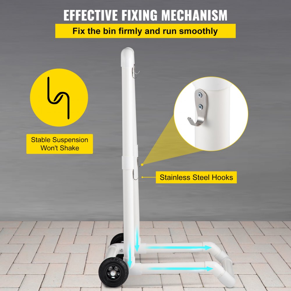 VEVOR Carrito de Reciclaje de Plástico, Robusto Carrito de Basura Móvil Tipo Gancho con 2 Ruedas, Fácil Montaje y Resistente a la Intemperie, para Contenedor de Reciclaje Simple y Carrito, Blanco