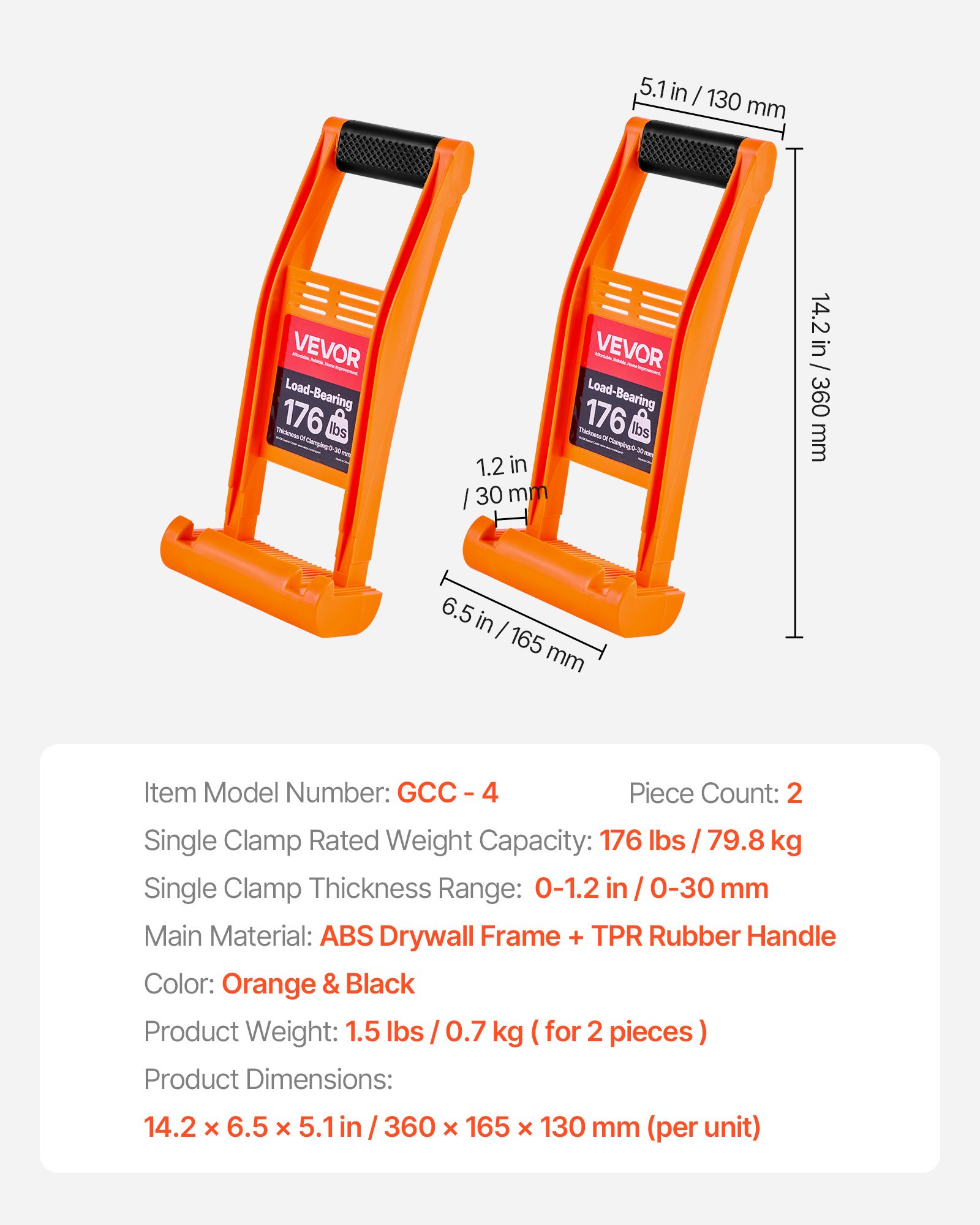 VEVOR 2 PCS Transportador de Paneles de Yeso con Asas para Madera Contrachapada, Herramienta de Plástico ABS con Capacidad de Carga de 79,8 kg para Madera Contrachapada, Tableros de Partículas