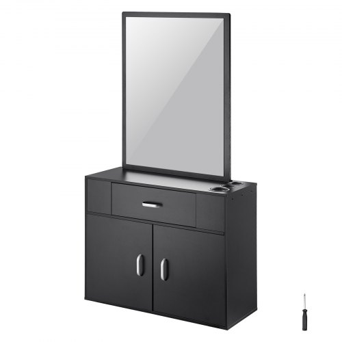 Organizador de salón VEVOR, mueble de pared para peluquería, con 3 soportes, espejo, dos puertas y un cajón, color negro.