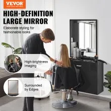 VEVOR Organizador de salón, mueble colgante de pared para peluquería, completo con 3 soportes, espejo, almacenamiento de dos puertas y un cajón, negro