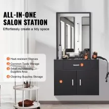 VEVOR Organizador de salón, mueble colgante de pared para peluquería, completo con 3 soportes, espejo, almacenamiento de dos puertas y un cajón, negro