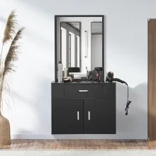 VEVOR Organizador de salón, mueble colgante de pared para peluquería, completo con 3 soportes, espejo, almacenamiento de dos puertas y un cajón, negro