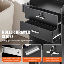 VEVOR Organizador de salón, estación de trabajo de peluquería, completo con 6 soportes, un gabinete y cajones dobles (uno con cerradura), en elegante negro