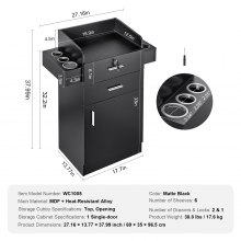 VEVOR Organizador de salón, estación de trabajo de peluquería, completo con 6 soportes, un gabinete y cajones dobles (uno con cerradura), en elegante negro