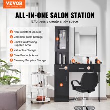 VEVOR Estación de trabajo de salón, unidad montada en la pared para profesionales del cabello, solución de almacenamiento para peinado de spa, incluye 1 gabinete, 3 estantes y 2 cajones (uno con cerradura), en elegante negro