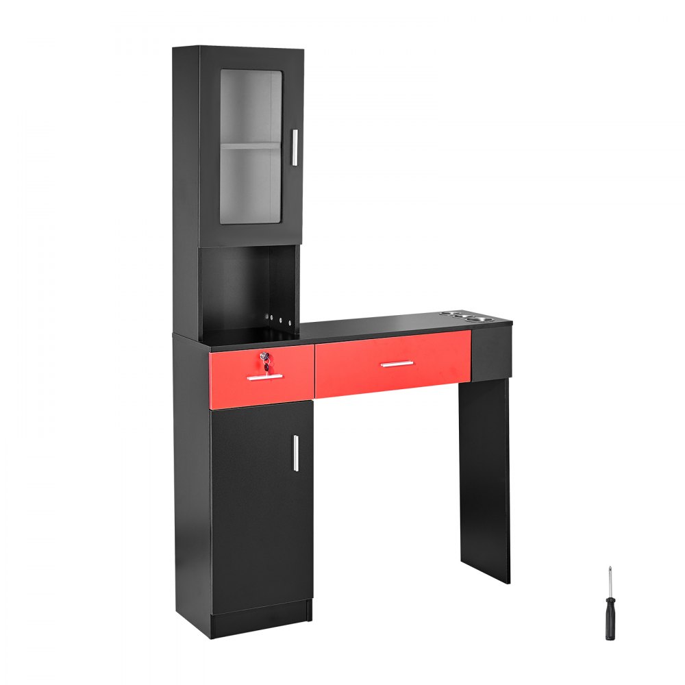 Estación de trabajo de salón VEVOR, unidad de pared para profesionales del cabello, solución de almacenamiento para estilismo de spa, incluye gabinete, 3 estantes y 2 cajones (uno con cerradura), en negro y rojo.