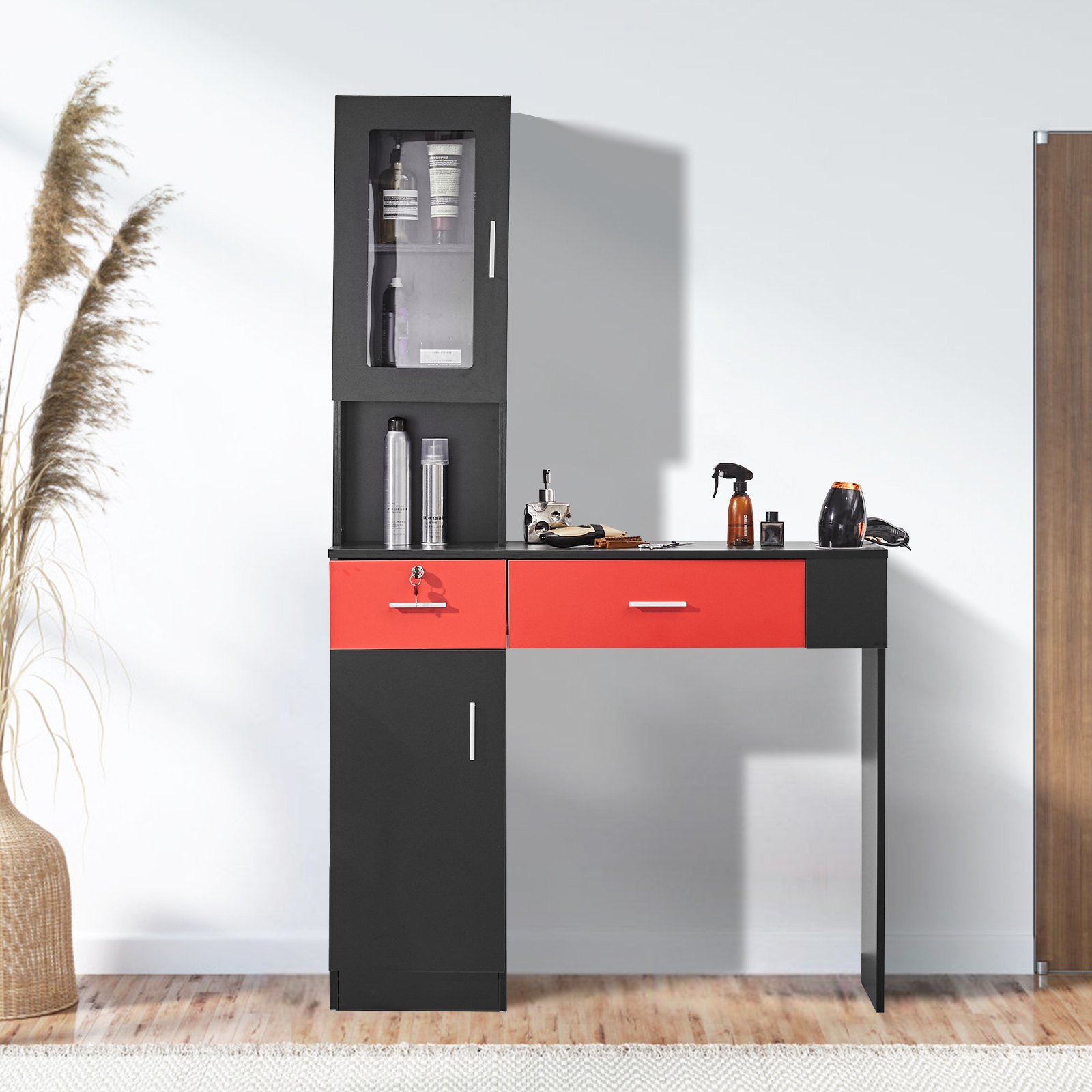 Estación de trabajo de salón VEVOR, unidad de pared para profesionales del cabello, solución de almacenamiento para estilismo de spa, incluye gabinete, 3 estantes y 2 cajones (uno con cerradura), en negro y rojo.