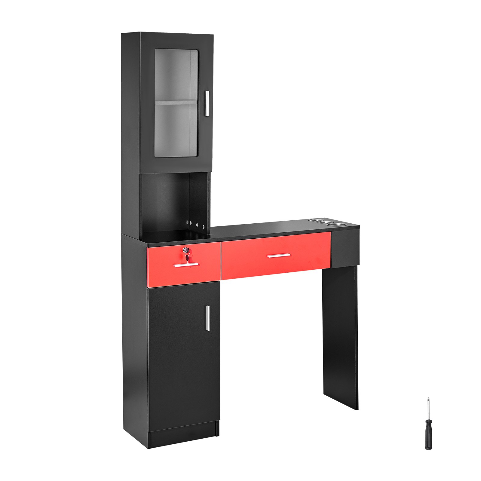 Estación de trabajo de salón VEVOR, unidad de pared para profesionales del cabello, solución de almacenamiento para estilismo de spa, incluye gabinete, 3 estantes y 2 cajones (uno con cerradura), en negro y rojo.