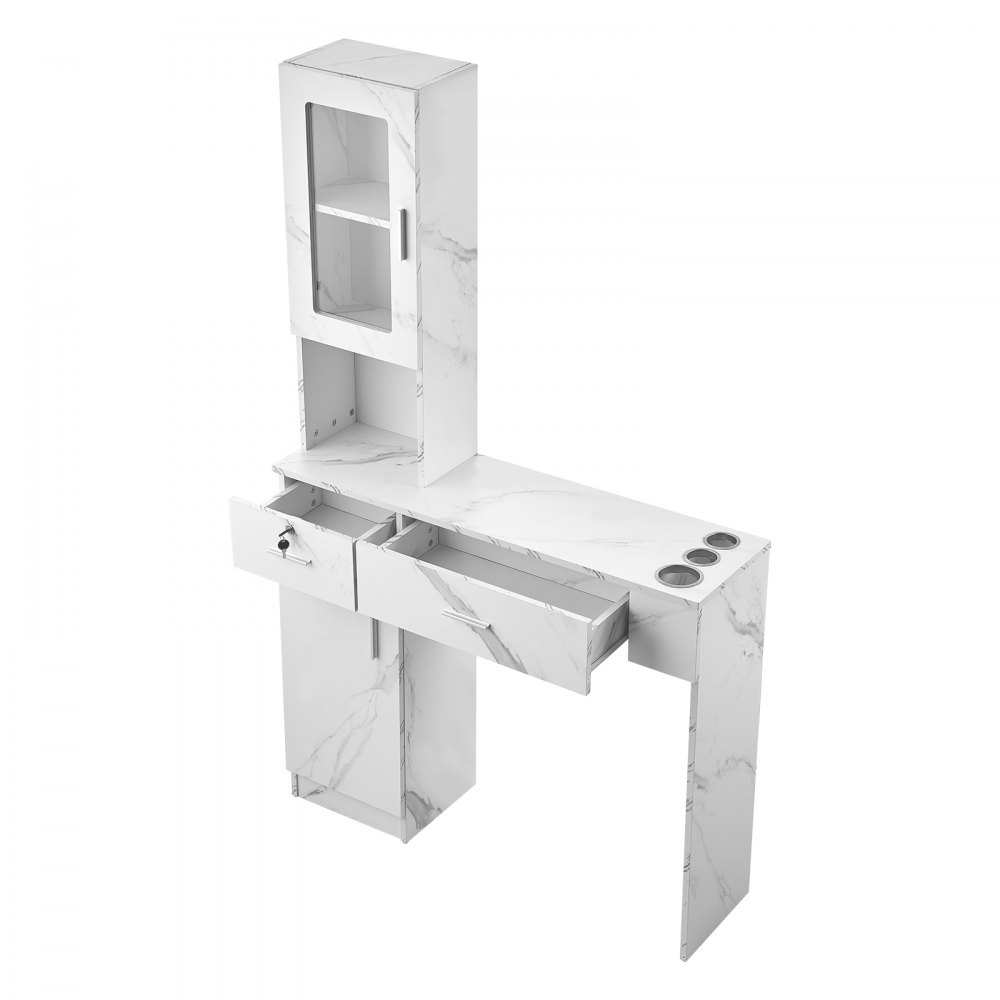 Estación de trabajo de salón VEVOR, unidad de pared para profesionales del cabello, solución de almacenamiento para estilismo de spa, incluye 1 gabinete, 3 estantes, 2 cajones (1 con cerradura), en blanco