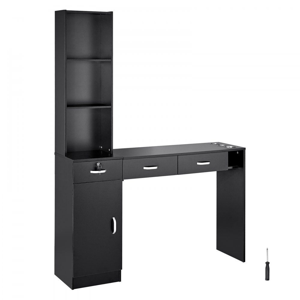 Estación de trabajo de salón VEVOR, unidad de pared para profesionales del cabello, solución de almacenamiento para estilismo de spa, incluye 1 gabinete, 3 estantes y 3 cajones (1 con cerradura), en elegante negro.
