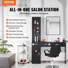 VEVOR Estación de trabajo de salón, unidad montada en la pared para profesionales del cabello, solución de almacenamiento para peinado de spa, incluye 1 gabinete, 3 estantes y 3 cajones (1 con cerradura), en elegante negro