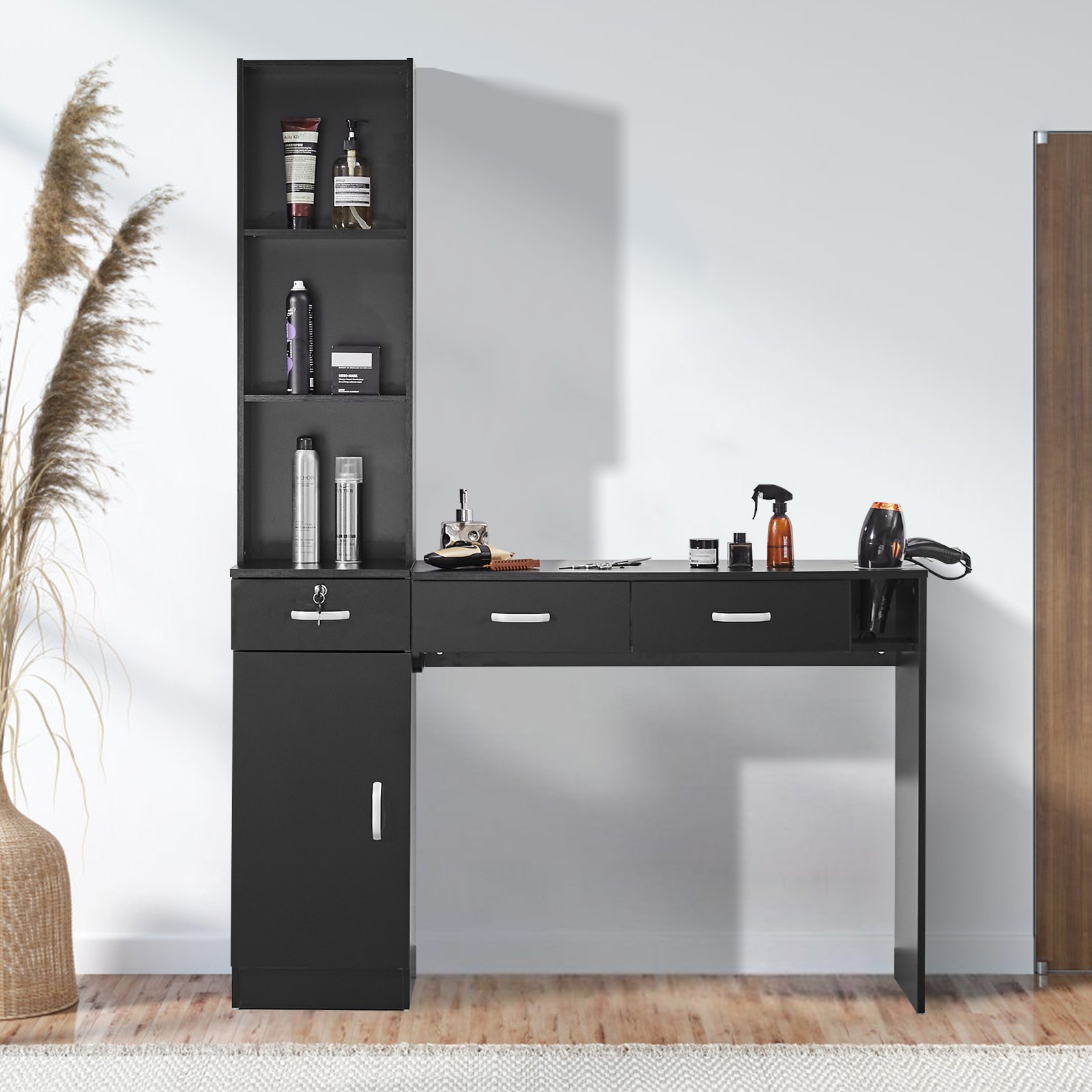 Estación de trabajo de salón VEVOR, unidad de pared para profesionales del cabello, solución de almacenamiento para estilismo de spa, incluye 1 gabinete, 3 estantes y 3 cajones (1 con cerradura), en elegante negro.