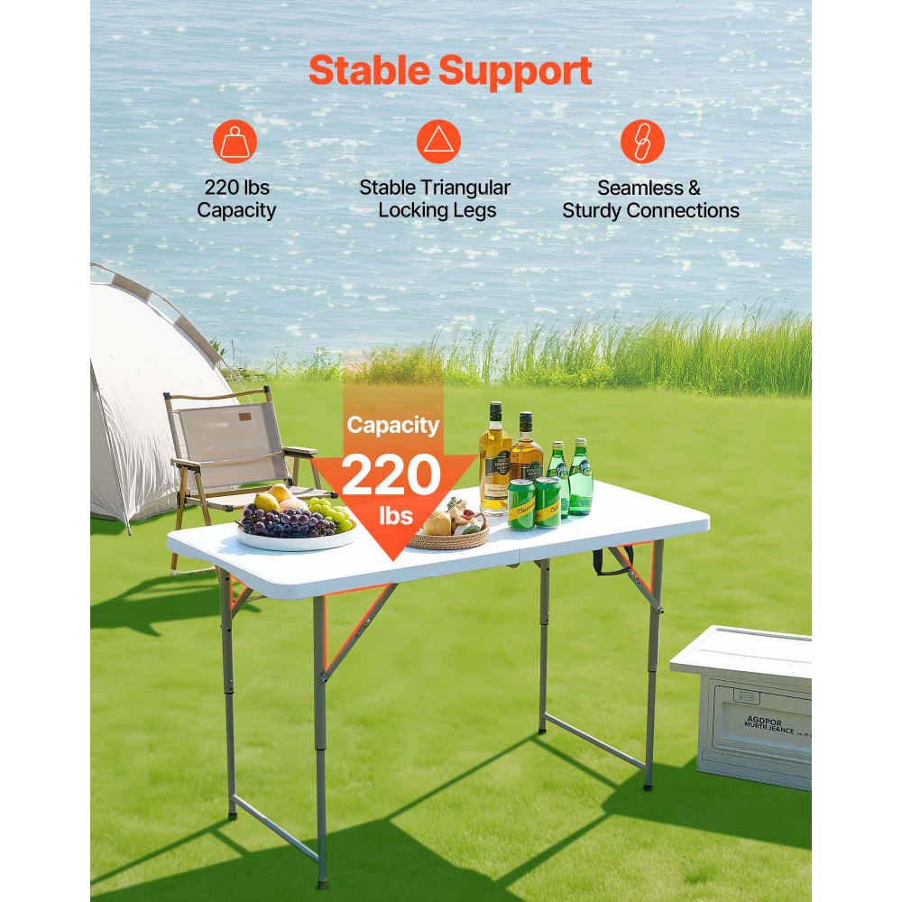Mesa plegable VEVOR, mesa utilitaria plegable por la mitad, resistente y portátil, de 122 cm (4 pies), mesa rectangular de plástico para interiores y exteriores con altura ajustable y asa integrada, ideal para fiestas, comidas, picnics y acampadas, blanca.