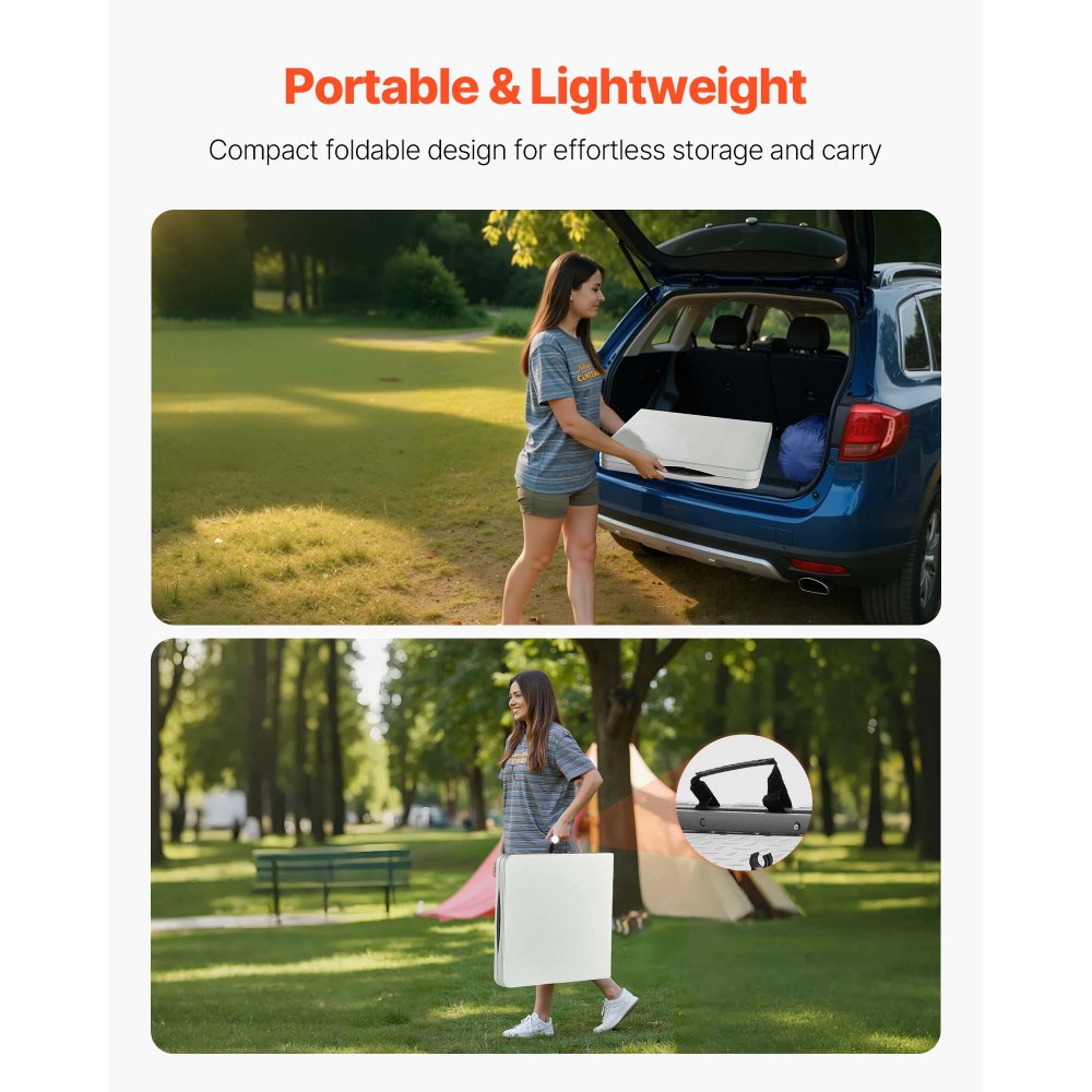 Mesa plegable VEVOR, mesa utilitaria plegable por la mitad, resistente y portátil, de 122 cm (4 pies), mesa rectangular de plástico para interiores y exteriores con altura ajustable y asa integrada, ideal para fiestas, comidas, picnics y acampadas, blanca.