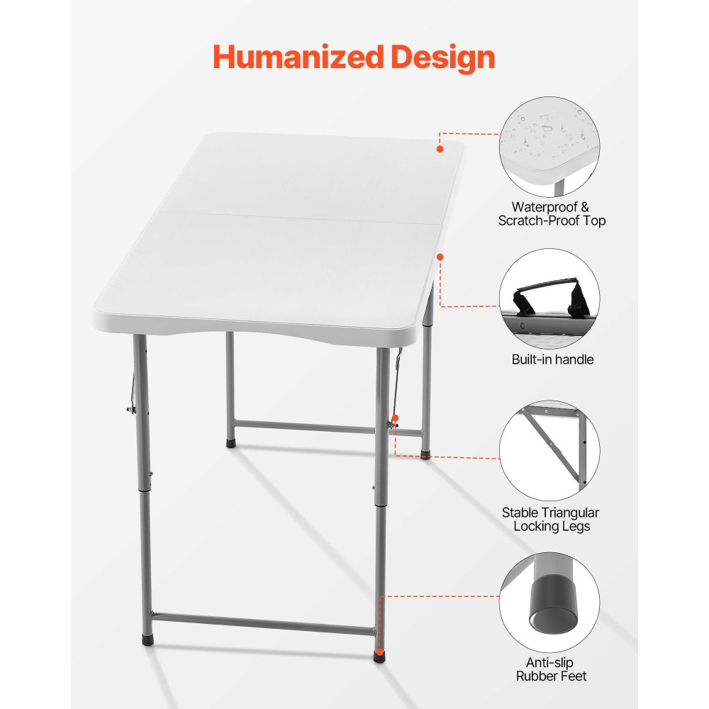VEVOR Mesa Plegable Plástico Buffet Portátil Multiusos, Rectangular, con Altura Ajustable y Asa Integrada, para Fiestas, Picnics y Camping, Blanco, 1220 x 600 x (480/610/740) mm, a 4 a 6 Adultos