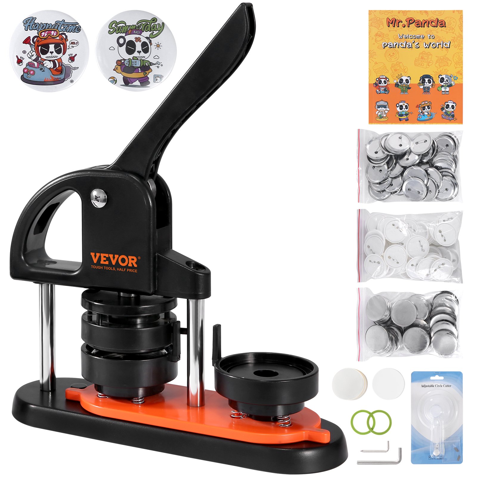 Máquina para fabricar botones VEVOR con juegos de botones incluidos, diseños con temática de panda y herramientas necesarias.