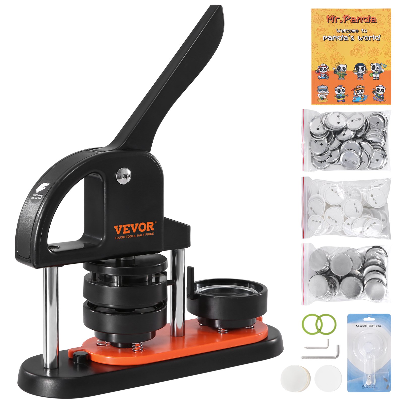 Máquina para hacer botones VEVOR con accesorios y kit de insignias de Mr. Panda incluido.
