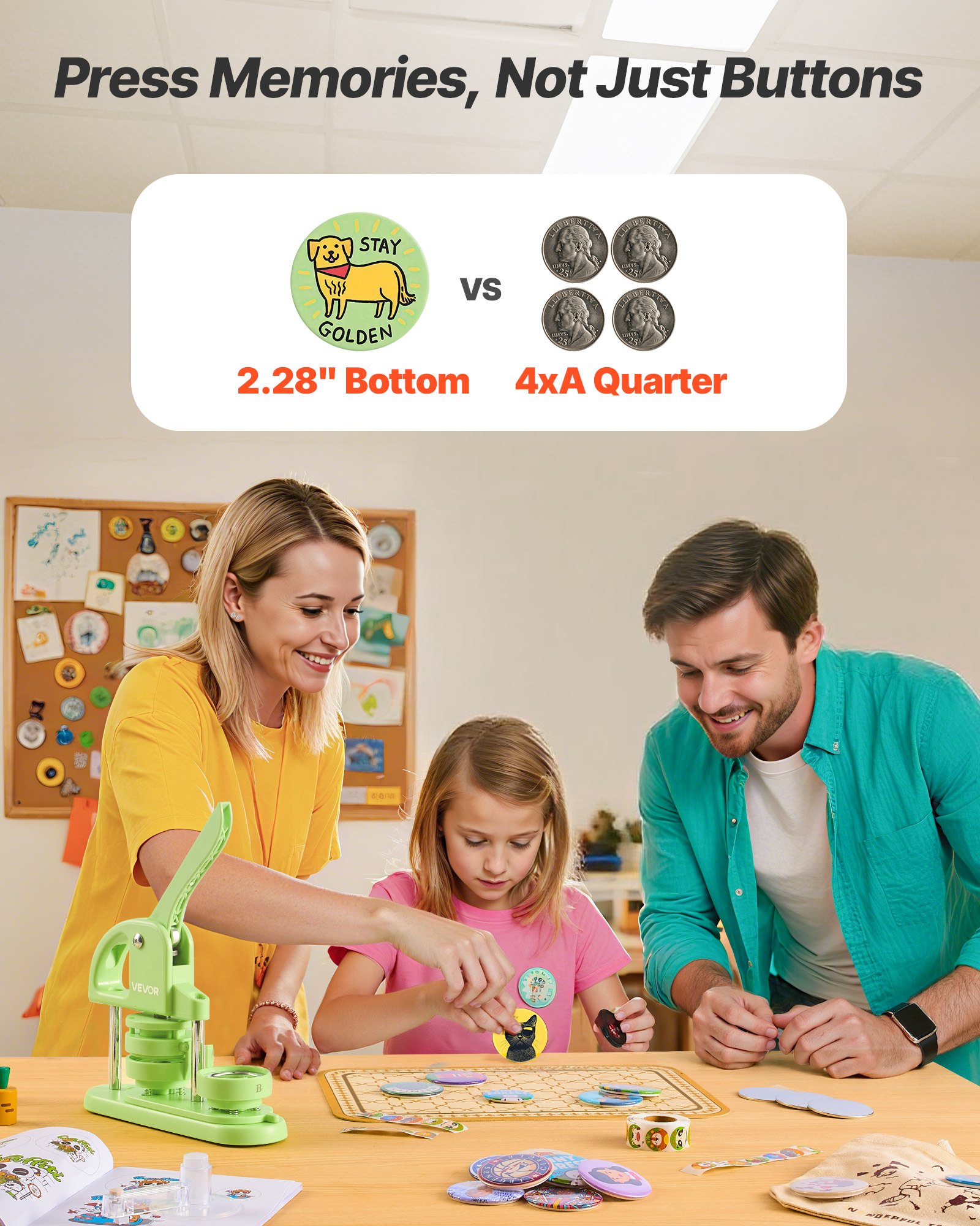 VEVOR Button Maker Machine, 2.28 in, Plastic Pin Maker with 100pcs Button Parts, Circle Cutter and Hex Wrenches, Reinforced Ergonomic Handle, for DIY Badges, Personalized Pins and Key Chains, Green